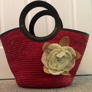 Basketweave tote with flower appliqué
